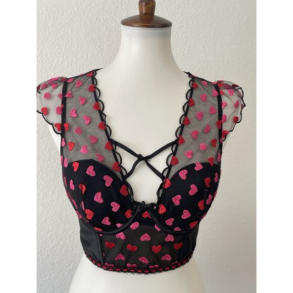 Victoria's Secret Bra Lingerie Bustier Heart Embroidered Mesh Scalloped - Picture 1 of 14